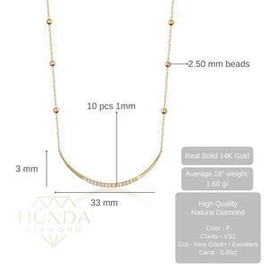 Introducing the Curved Natural Diamond Bar Necklace in 14K Solid Gold, a refined piece featuring a delicate genuine gold chain accented with evenly spaced beads. This elegant necklace exudes a minimalistic charm and includes a curved bar pendant adorned with small natural diamonds, epitomizing sustainable jewelry design.