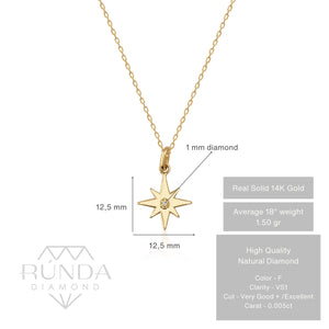 This eco-friendly jewelry item is the Diamond North Star Necklace in 14K Gold for Women. It includes a fine gold chain with a star-shaped pendant, which features a polished surface and is adorned with a natural diamond at its center, offering an elegant sparkle.