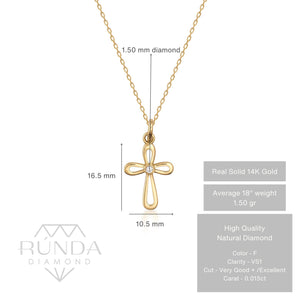 The 14K Solid Gold Diamond Cross Necklace boasts a finely crafted chain with a hollow cross pendant, featuring a central natural diamond.