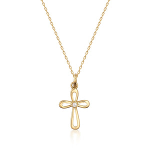 The 14K Solid Gold Diamond Cross Necklace boasts a finely crafted chain with a hollow cross pendant, featuring a central natural diamond.