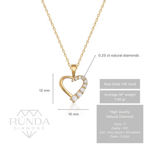 Introducing the Premium Real Diamond Open Heart Necklace in 14K Gold: a handcrafted piece showcasing an elegant design. This necklace features a heart-shaped pendant adorned with natural genuine diamonds that partially outline one side, all crafted in solid 14K gold.