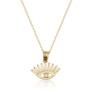 Introducing the 14K Solid Gold Diamond Evil Eye Necklace: It features a delicate solid gold chain and a minimalist pendant shaped like an eye. At the center, you'll find a sparkling natural diamond, surrounded by gold rays that extend outward like eyelashes to create an elegant design.