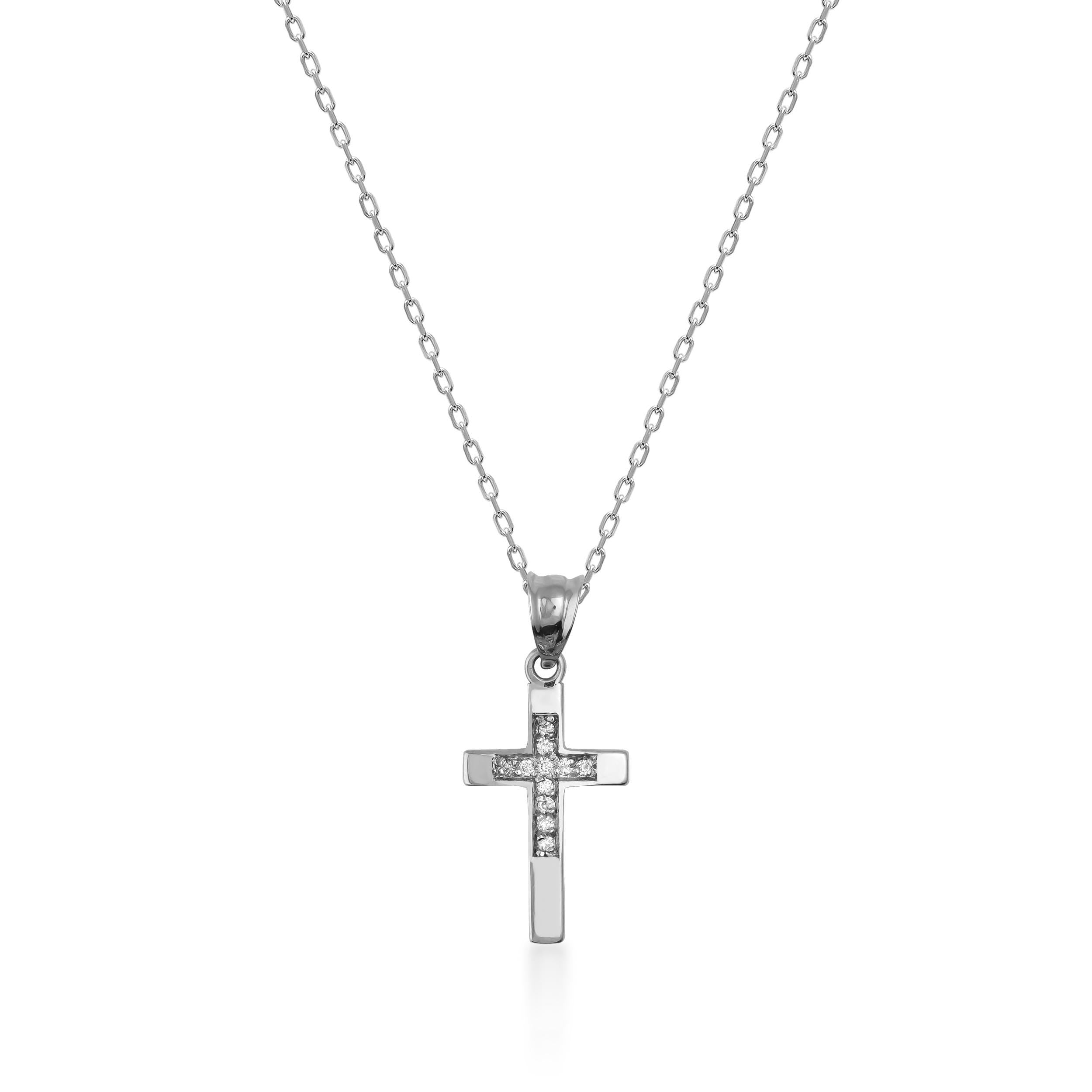 14K Solid Gold Diamond Tiny Cross Necklace