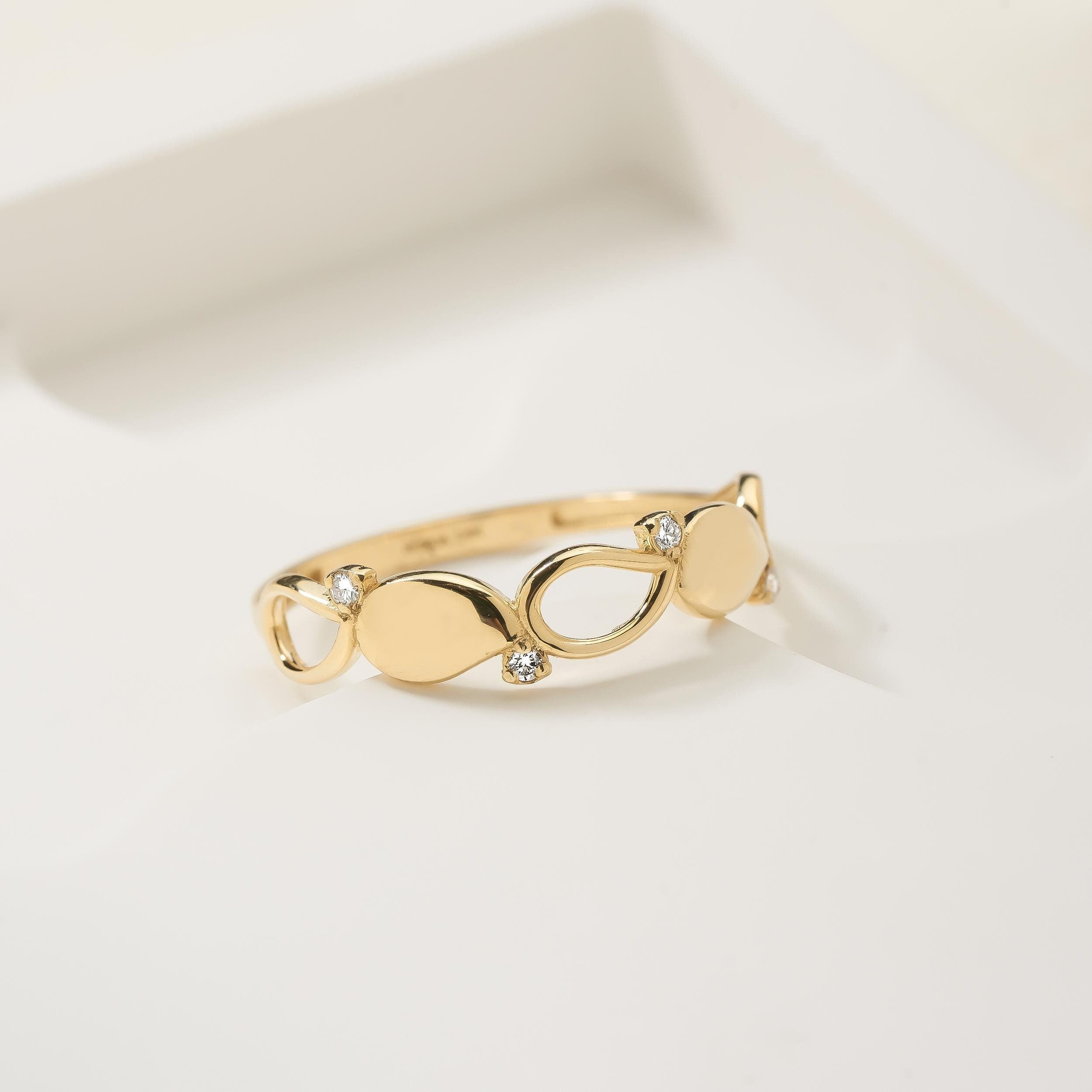 14K Solid Gold Diamond Leaf Ring