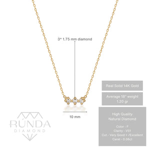 The Natural Diamond Solid 14K Minimal Dainty Trio Necklace is an elegant piece, showcasing a thin chain made from solid gold and accented at the center with three small natural diamond stones set closely together.