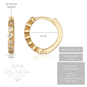 The Genuine Diamond Hoop Earrings in 14K Solid Gold include one earring lying flat and the other standing upright. These elegant earrings are crafted with genuine gold and adorned with a row of small, round white diamonds along the outer edge, giving them a shimmering appearance.