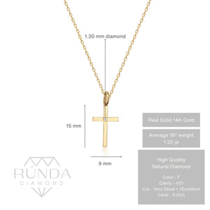 Introducing the Tiny 14K Solid Gold Diamond Cross Necklace, a delicate gold chain featuring a simple cross pendant adorned with a natural diamond at its heart. The elegant design beautifully stands out against a white background.