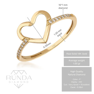 Introducing the Natural Diamond 14K Solid Gold Open Heart Love Ring, featuring a stunning open heart design. This elegant piece boasts a 14K gold band embellished with small, sparkling natural diamonds on either side of the heart, enhancing its elegance. Displayed beautifully against a white background, it is a perfect symbol of love and sophistication.