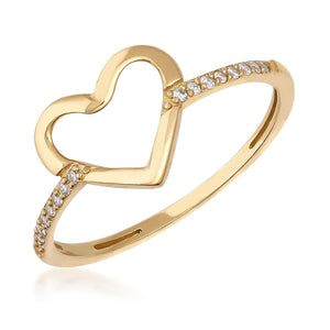 Introducing the Natural Diamond 14K Solid Gold Open Heart Love Ring, featuring a stunning open heart design. This elegant piece boasts a 14K gold band embellished with small, sparkling natural diamonds on either side of the heart, enhancing its elegance. Displayed beautifully against a white background, it is a perfect symbol of love and sophistication.