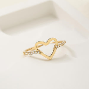 Introducing the Natural Diamond 14K Solid Gold Open Heart Love Ring, featuring a stunning open heart design. This elegant piece boasts a 14K gold band embellished with small, sparkling natural diamonds on either side of the heart, enhancing its elegance. Displayed beautifully against a white background, it is a perfect symbol of love and sophistication.