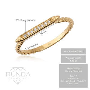 A 14K Solid Gold Twisted Diamond Wedding Band featuring a horizontal bar decorated with small, sparkling natural diamonds.