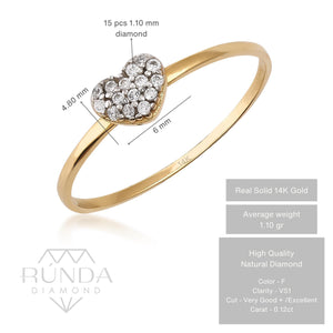 The 14K Solid Gold Natural Diamond Heart Engagement Ring showcases a heart centerpiece with small natural white diamonds, set elegantly on a thin band against a plain white backdrop.