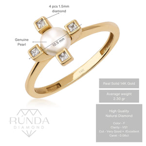 This dainty engagement ring, named the 14K Solid Gold Pearl Diamond Ring, features a central pearl surrounded by four square diamonds on extended gold arms forming a striking cross shape.