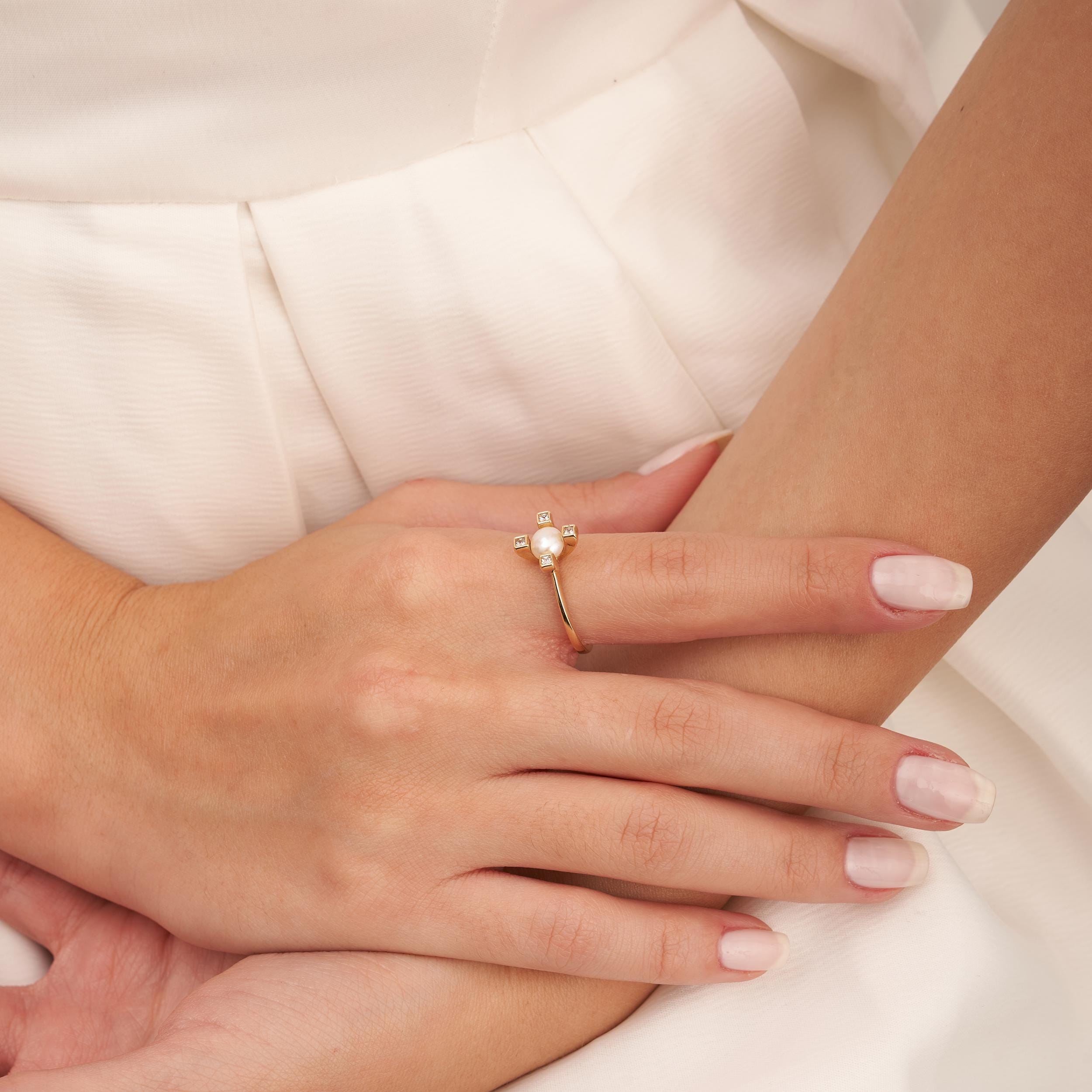 14K Solid Gold Pearl Diamond Ring, Dainty Engagement Ring