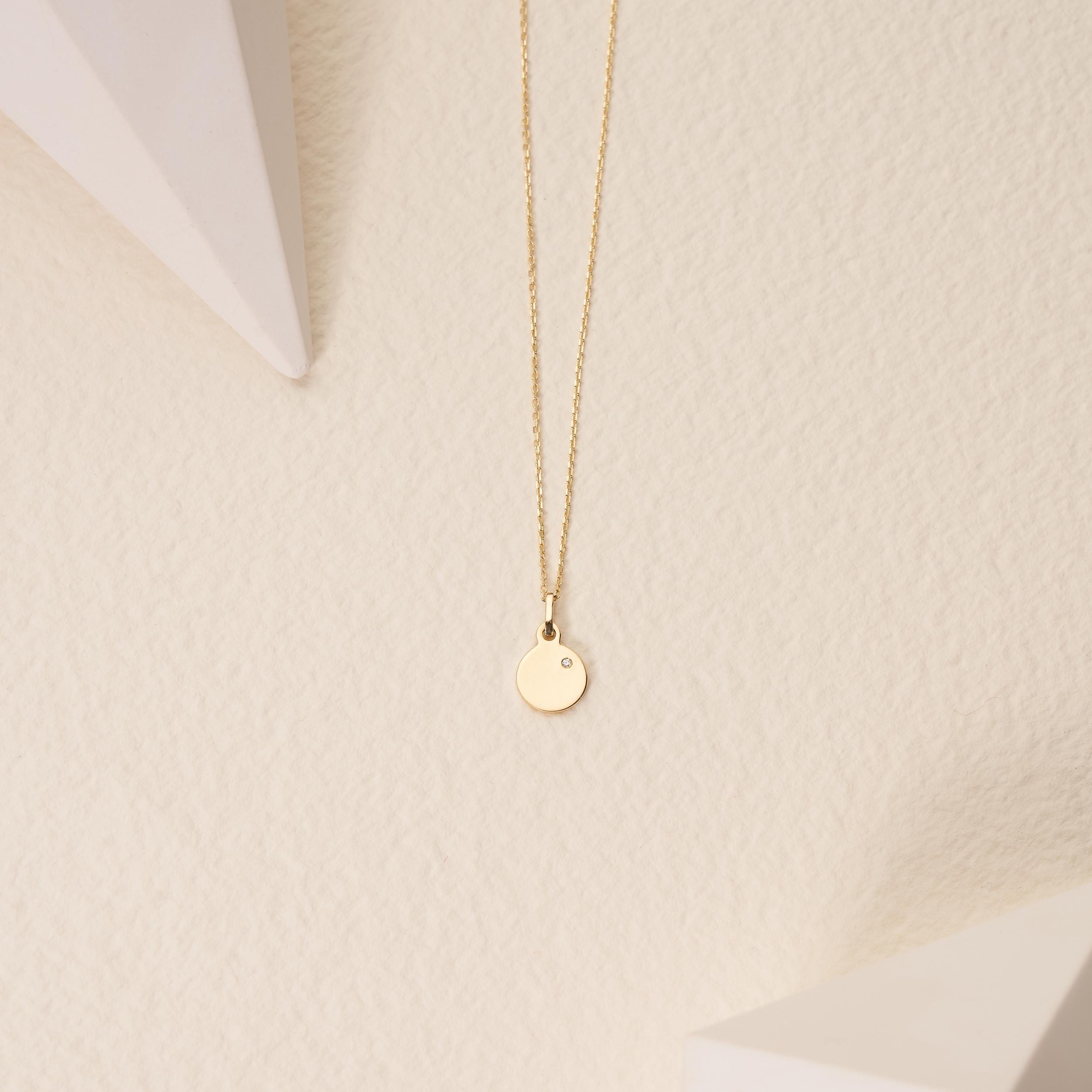 14K Solid Gold Round Disc Diamond Necklace