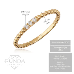 The 14K Gold Minimal Trio Stone Natural Diamond Ring showcases three small natural diamonds on a delicate beaded band.