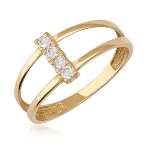 A 14K solid gold ring, named the Natural Diamond Vertical Bar Ring, features a double band design with three clear round gemstones in the center. The thin, smooth bands are adorned with decorative engravings on the sides.