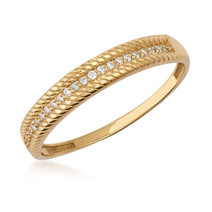 A 14K solid gold ring with a twisted edge design, highlighted by a row of natural, sparkling diamonds in the center.