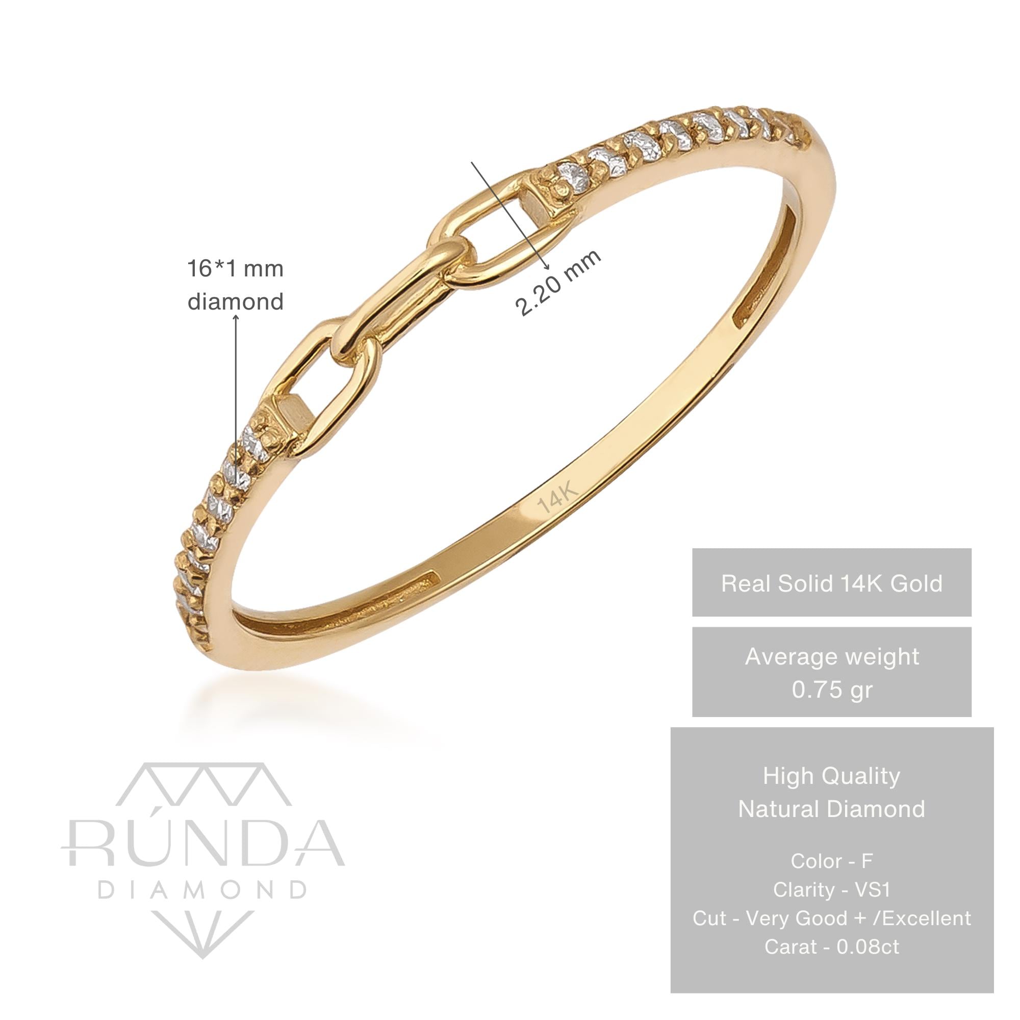 14K Solid Gold Diamond Chain & Paperclip Ring, Dainty Pave Diamond Ring