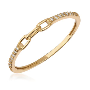 This genuine 14K solid gold piece features a chain-link design surrounded by small natural diamonds. The delicate item, named the Diamond Chain & Paperclip Ring, has a smooth finish, showcasing elegance and style with its hallmark of quality.