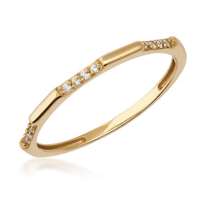 The 14K Solid Gold Geometric Diamond Ring for Women is a delicate piece crafted from genuine gold, showcasing small, sparkling natural diamonds along the band against a white background.