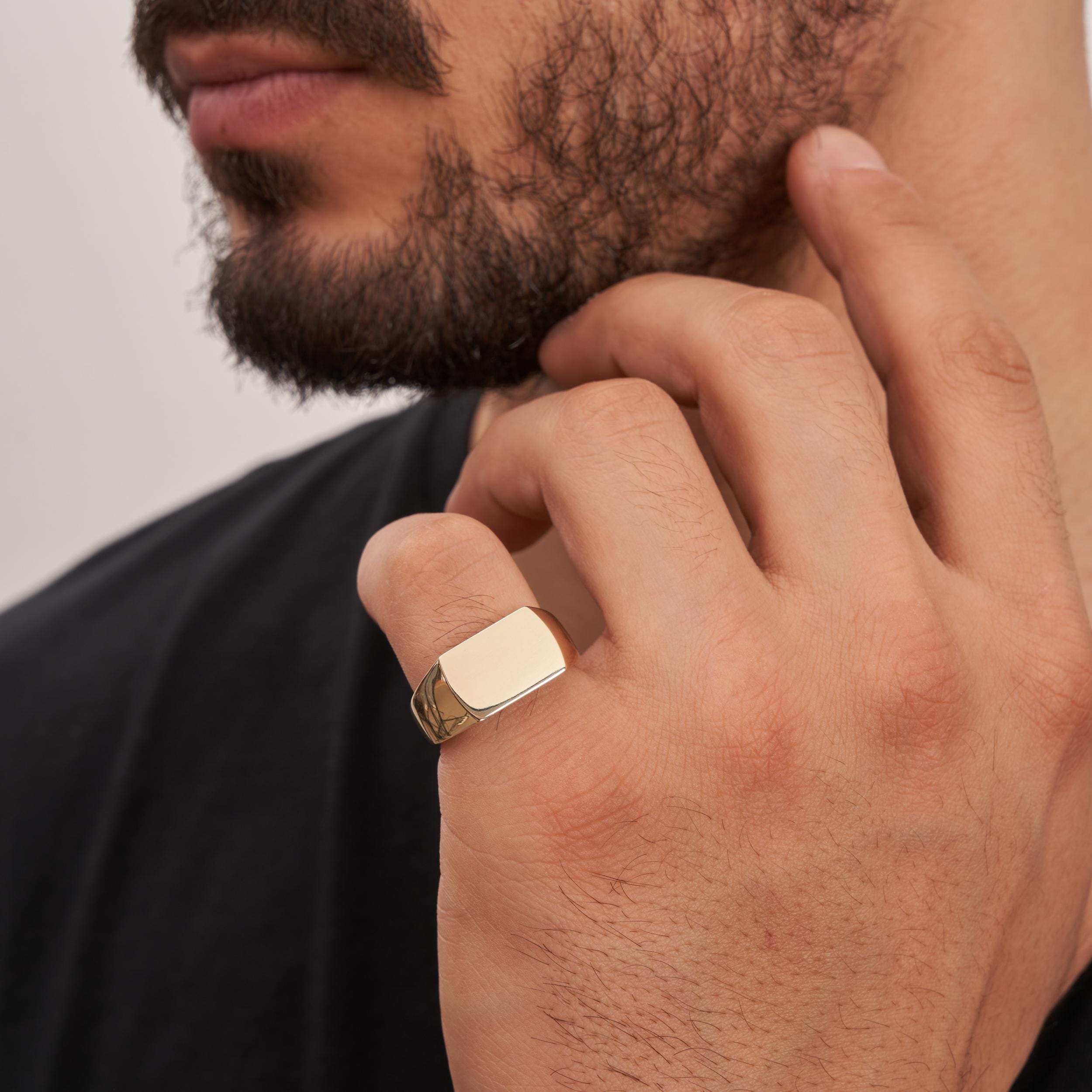 14K Solid Gold Plain Polished Square Signet Ring For Men