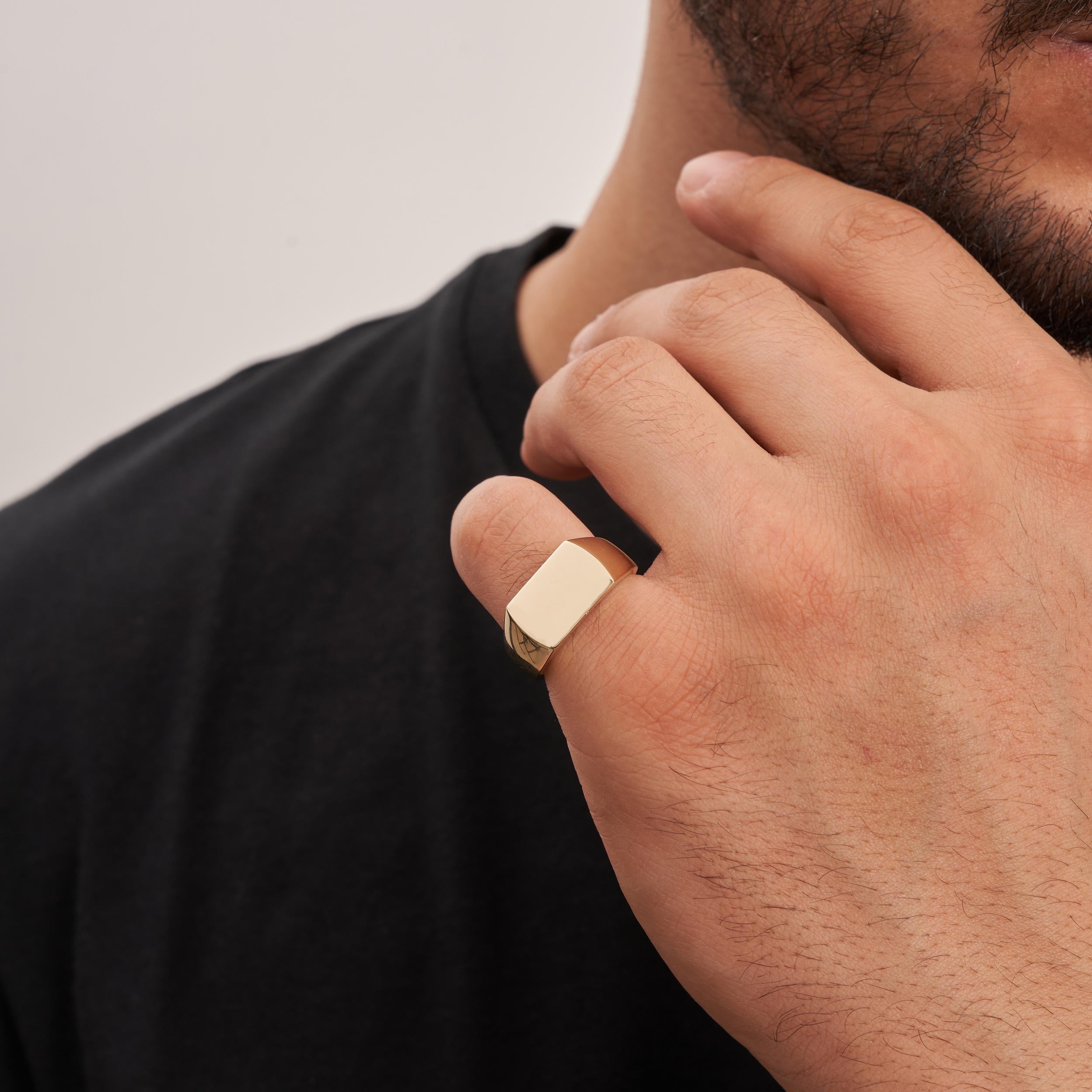 14K Solid Gold Plain Polished Square Signet Ring For Men