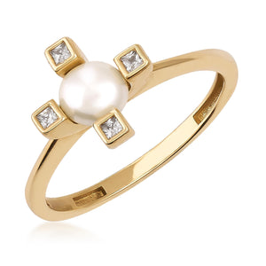 This dainty engagement ring, named the 14K Solid Gold Pearl Diamond Ring, features a central pearl surrounded by four square diamonds on extended gold arms forming a striking cross shape.