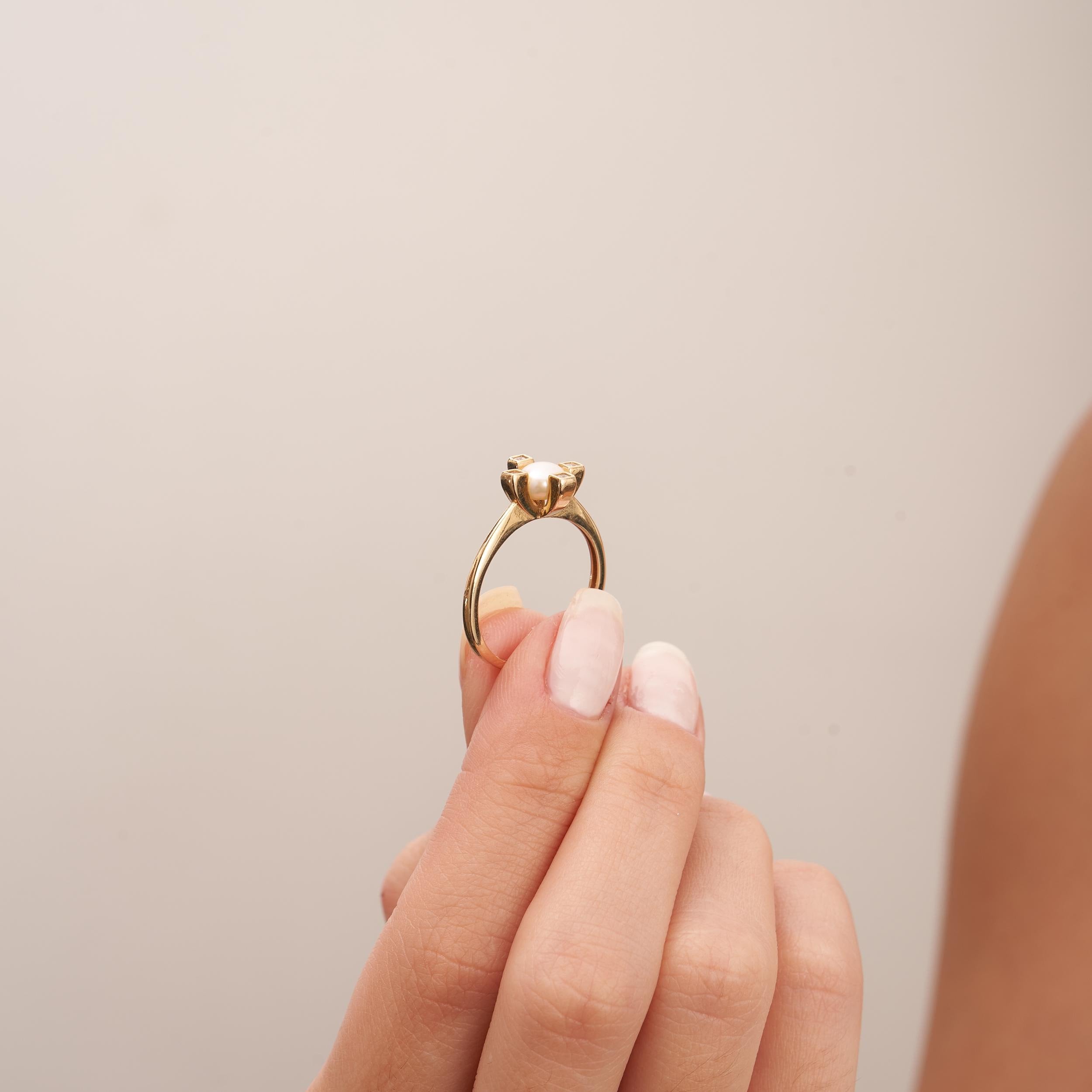 14K Solid Gold Pearl Diamond Ring, Dainty Engagement Ring