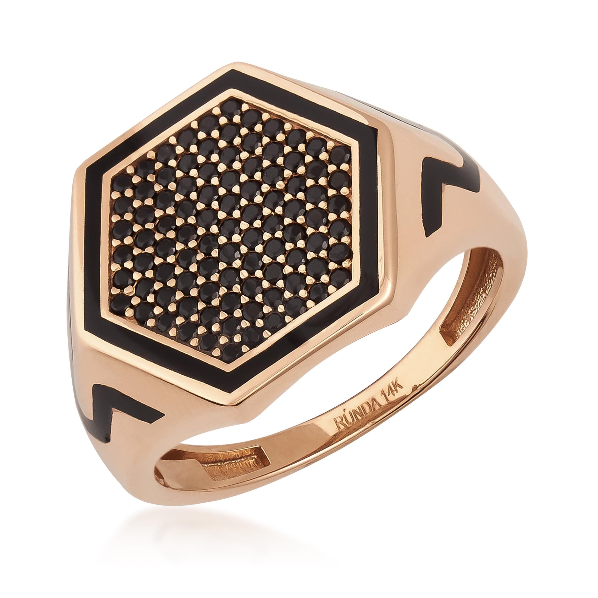 14K Real Solid Gold Hexagon Black Gemstone Signet Ring for Men