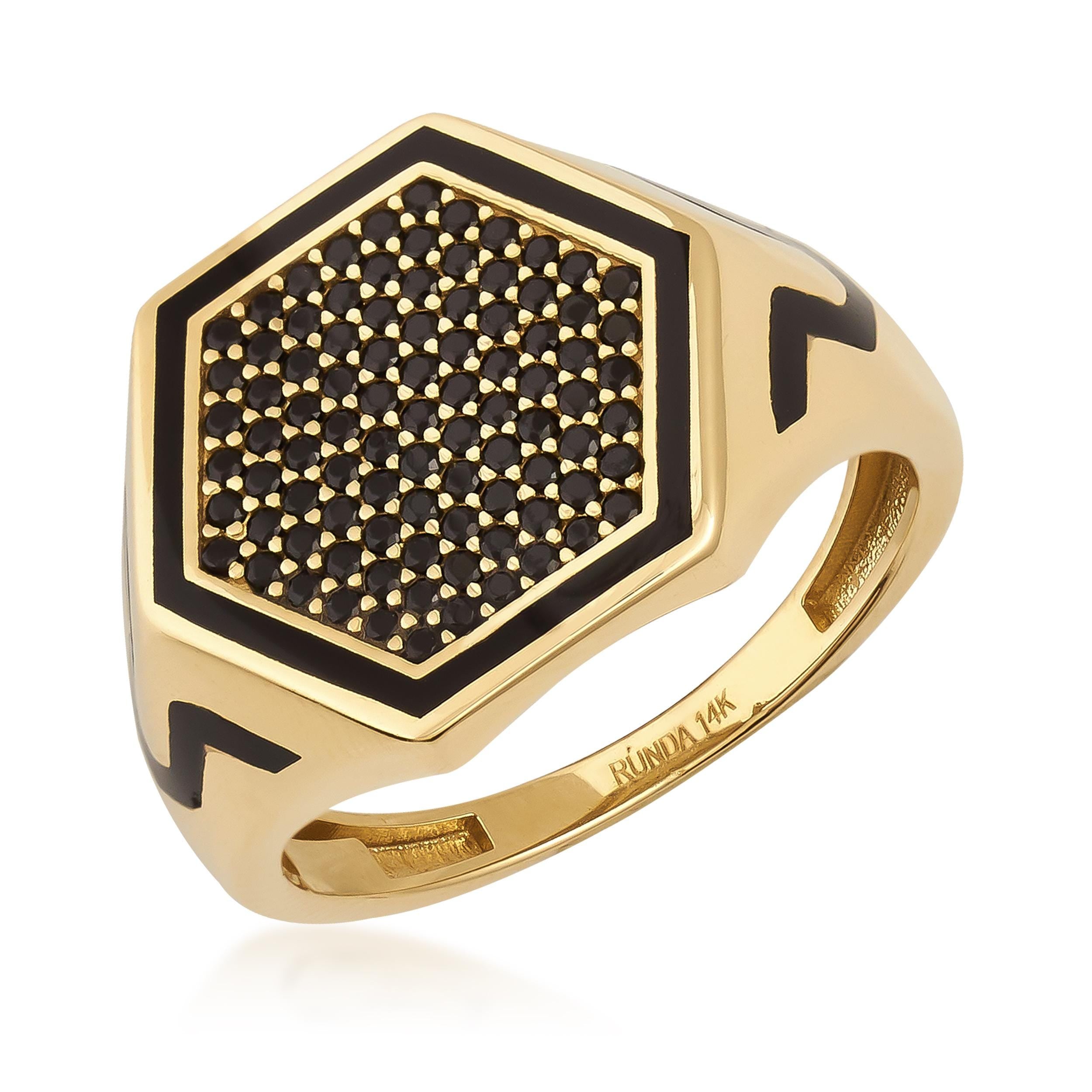 14K Real Solid Gold Hexagon Black Gemstone Signet Ring for Men