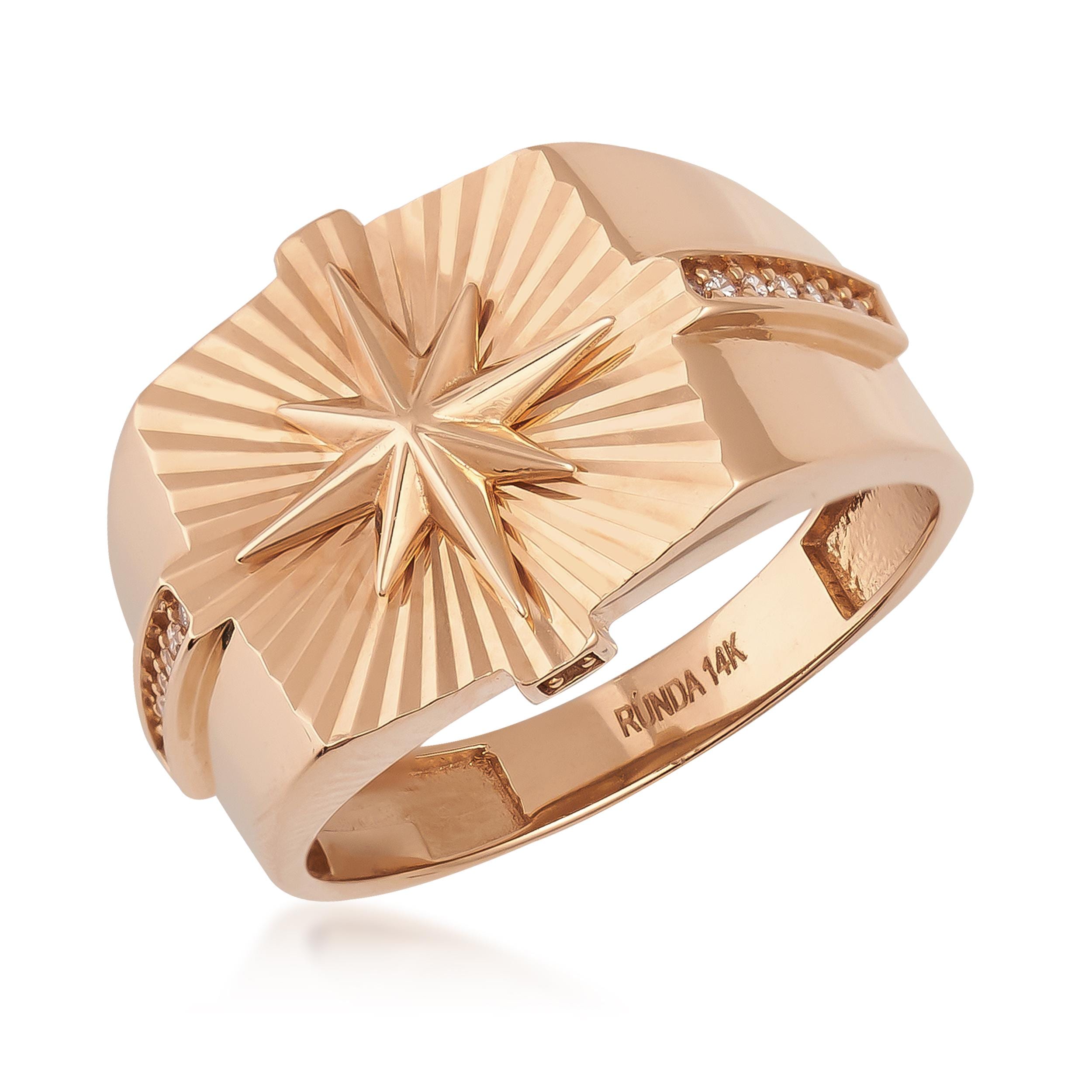 14K Real Solid Gold Compass Signet Ring for Men