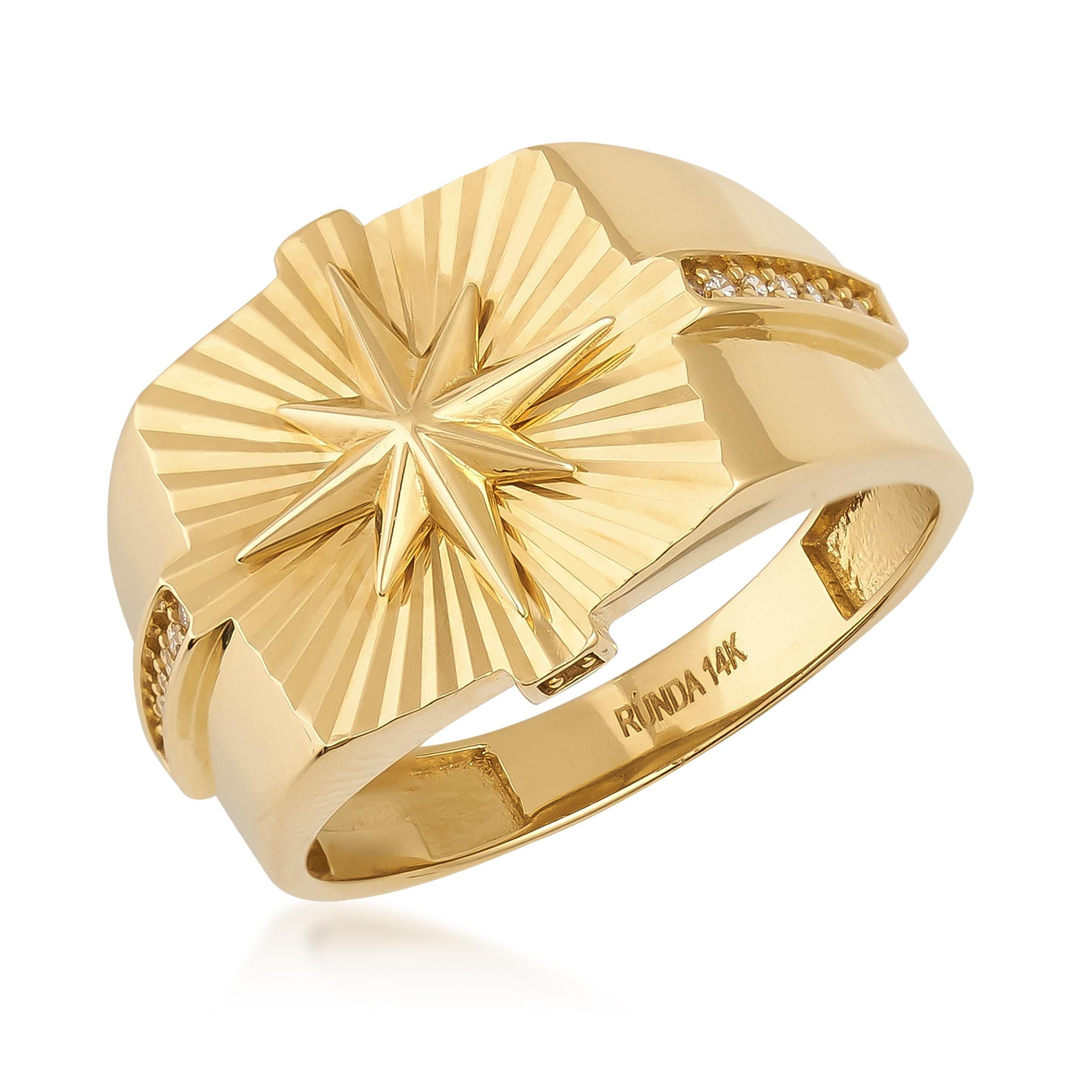 14K Real Solid Gold Compass Signet Ring for Men