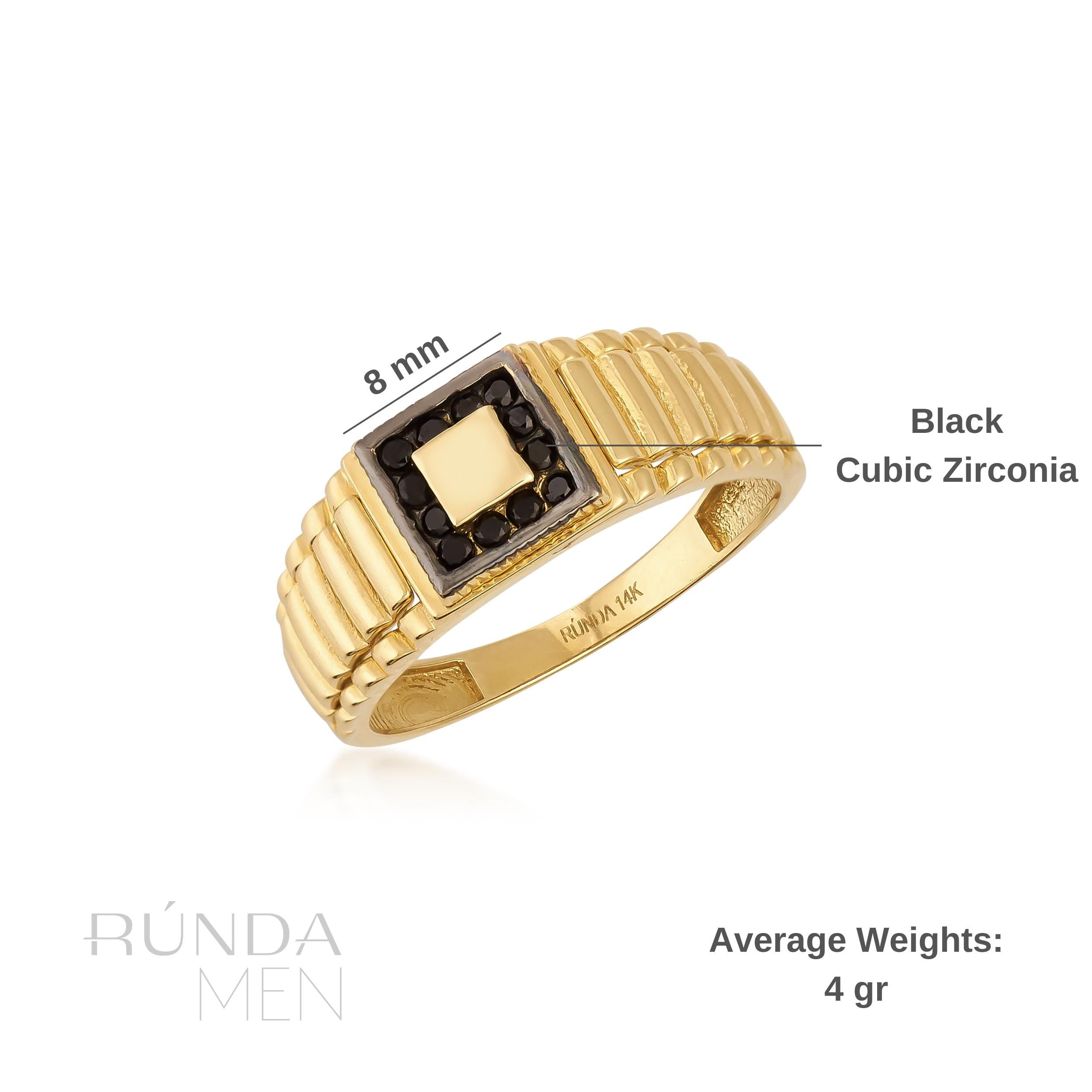 14K Solid Real Gold Watch Style Fancy Signet Ring For Men Black Zirconia