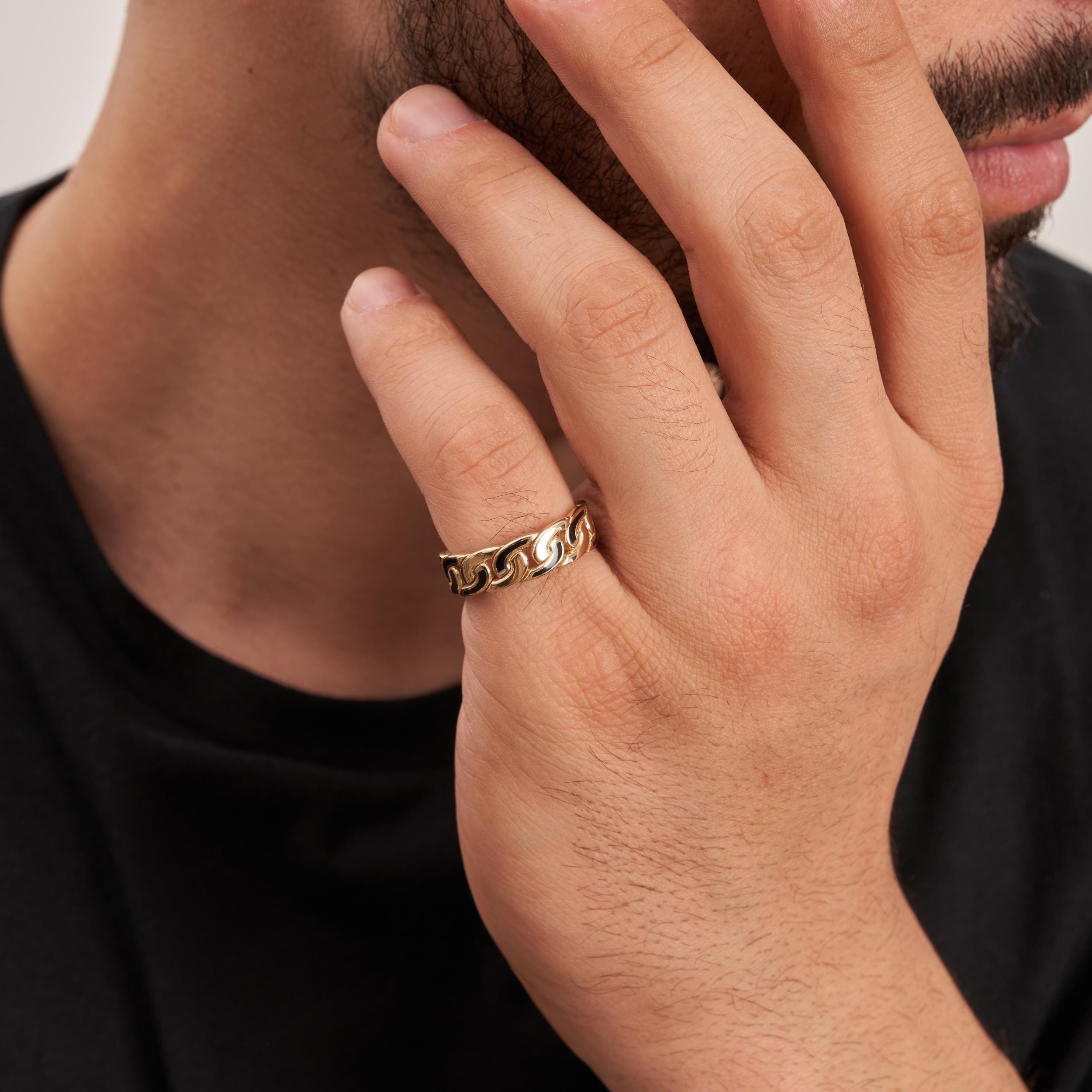 14K Solid Gold Black Enamel Curb Chain Shaped Ring for Men