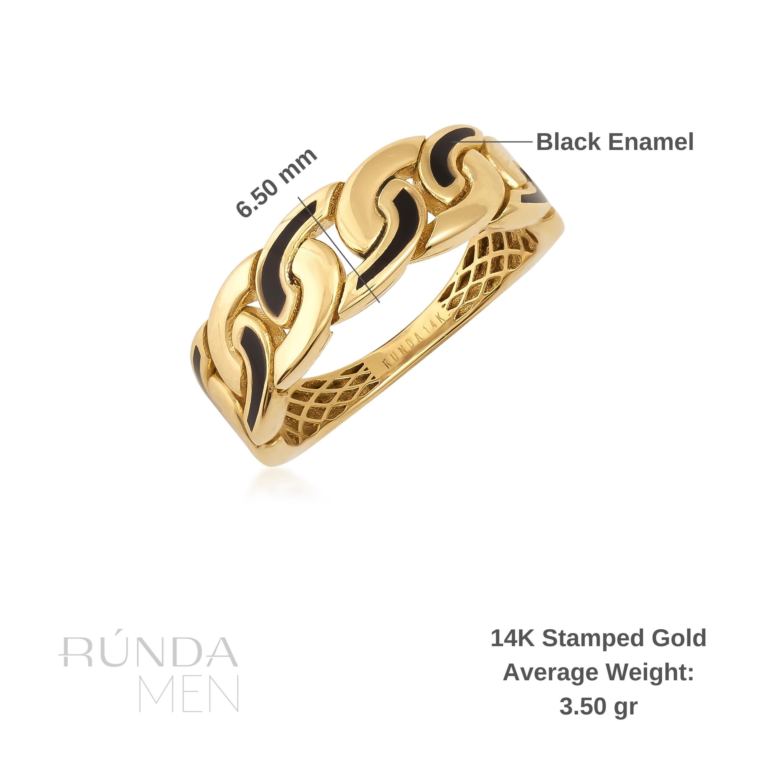 14K Solid Gold Black Enamel Curb Chain Shaped Ring for Men