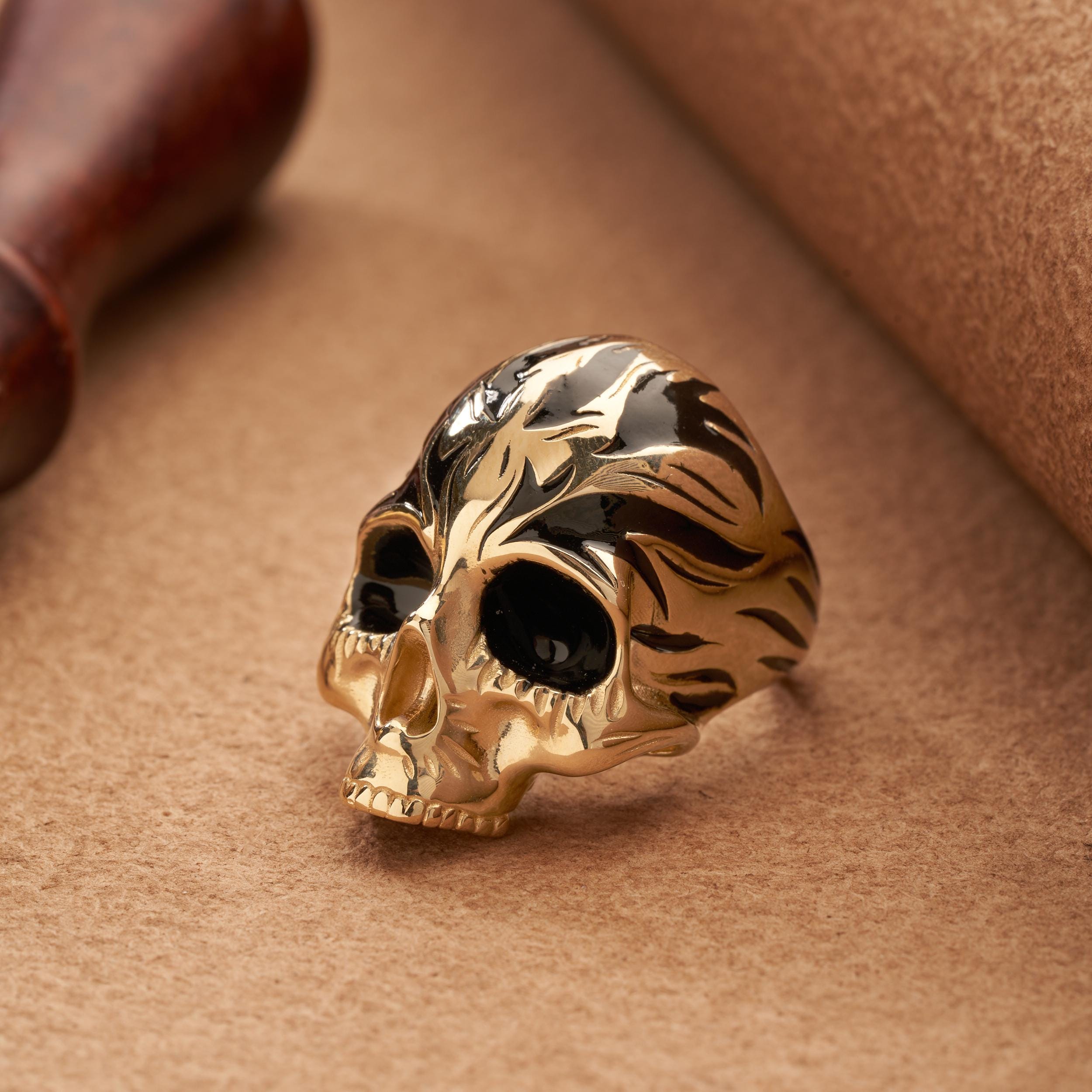 14K Real Solid Gold Jawless Classic Skull Ring for Men