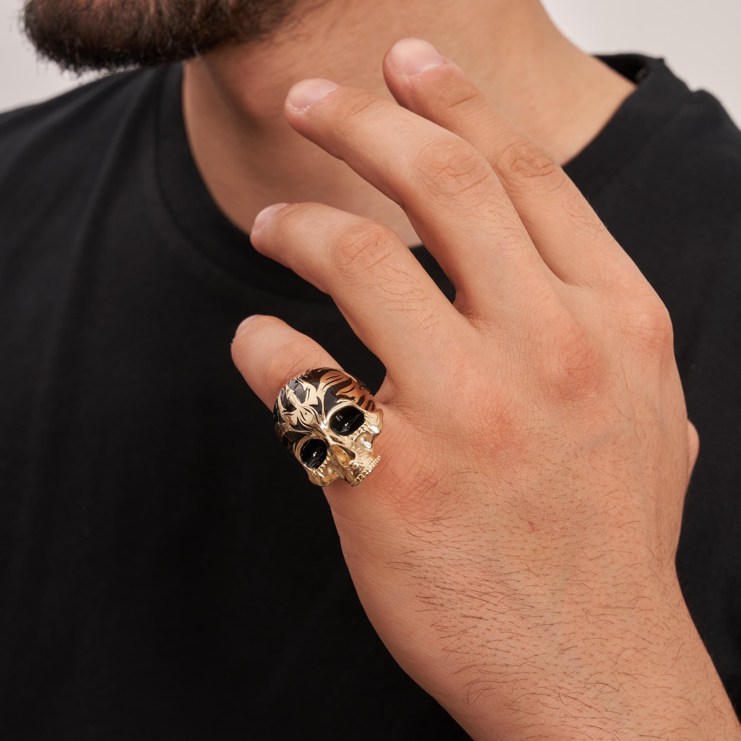 14K Real Solid Gold Jawless Classic Skull Ring for Men