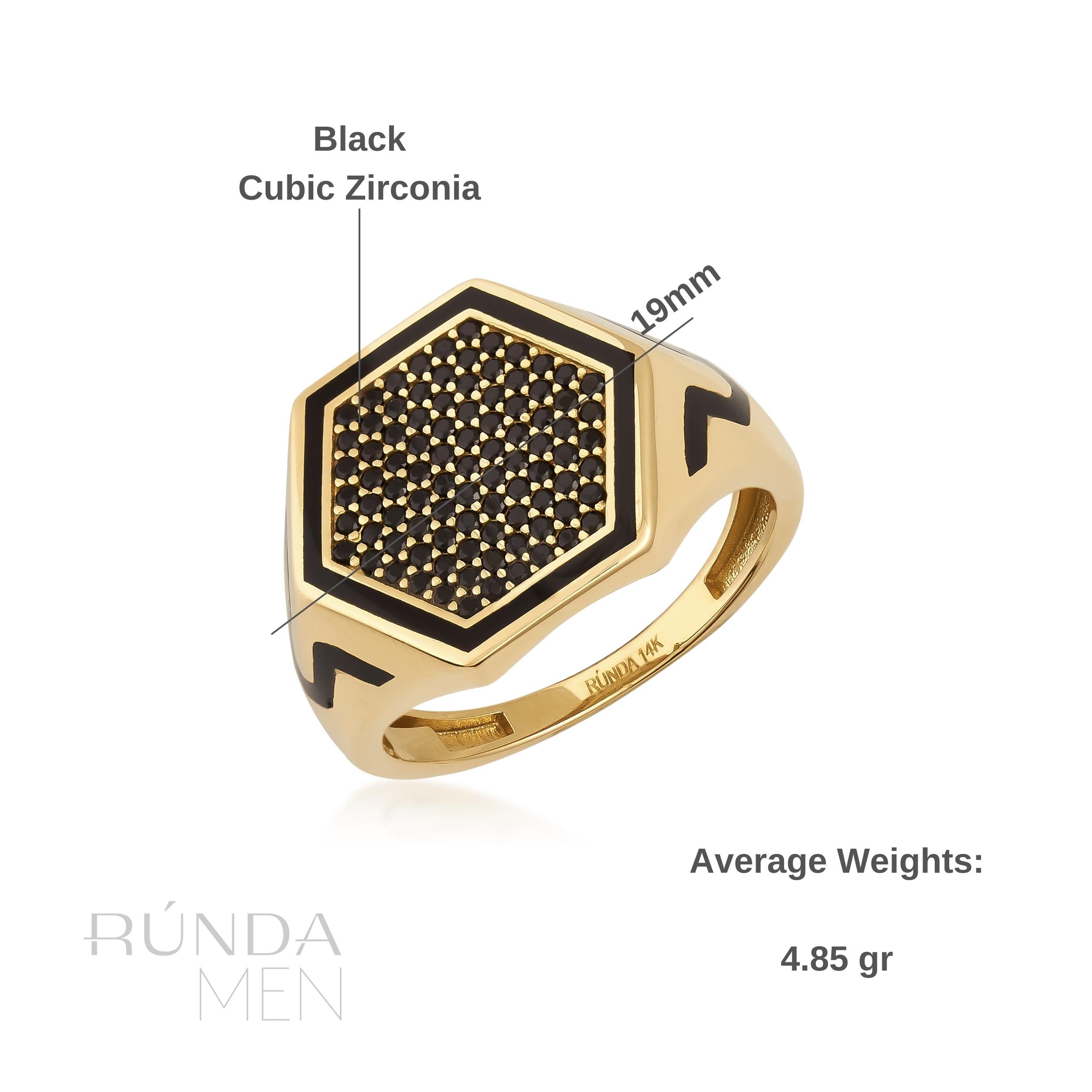 14K Real Solid Gold Hexagon Black Gemstone Signet Ring for Men