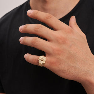 14K Real Solid Gold Compass Signet Ring for Men