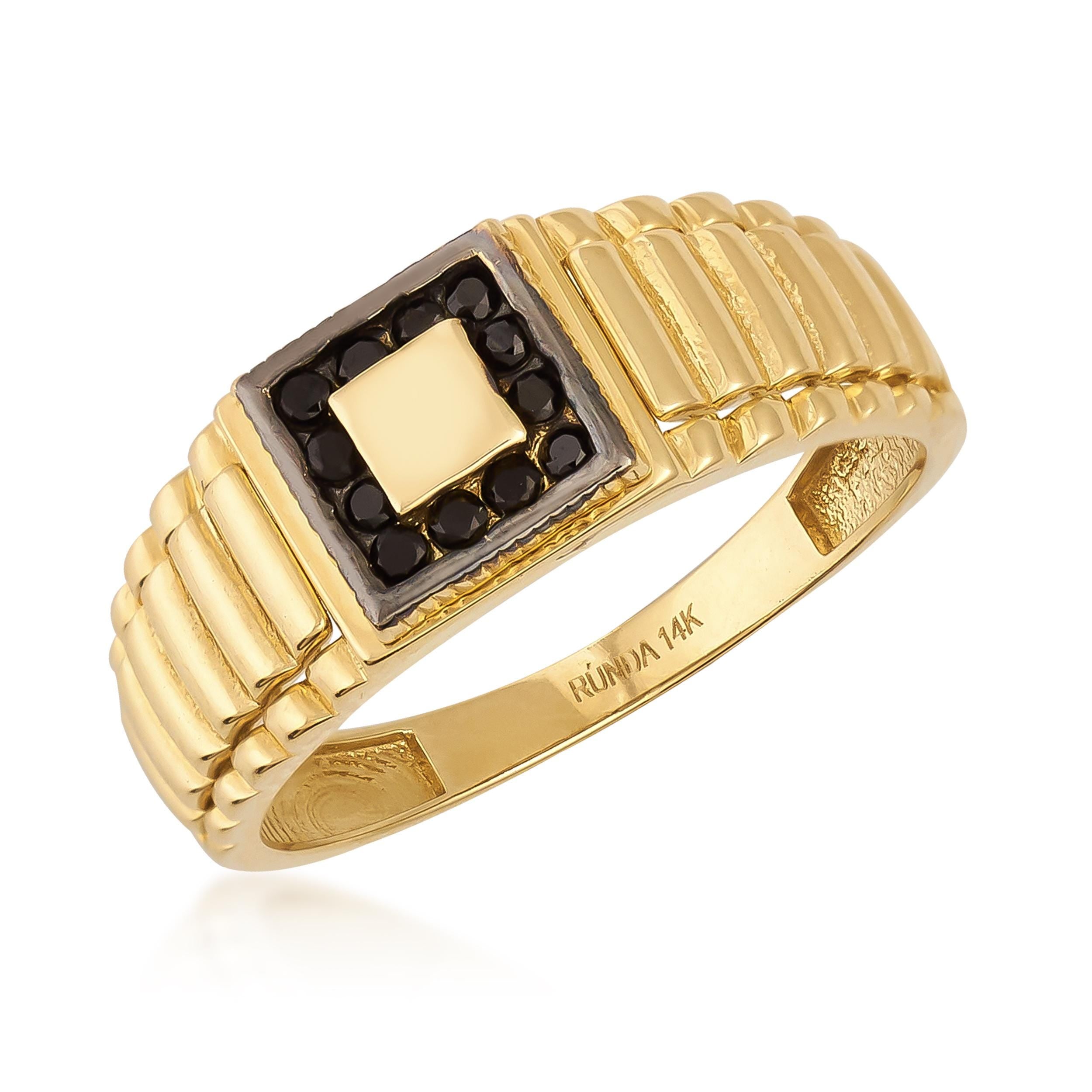 14K Solid Real Gold Watch Style Fancy Signet Ring For Men Black Zirconia