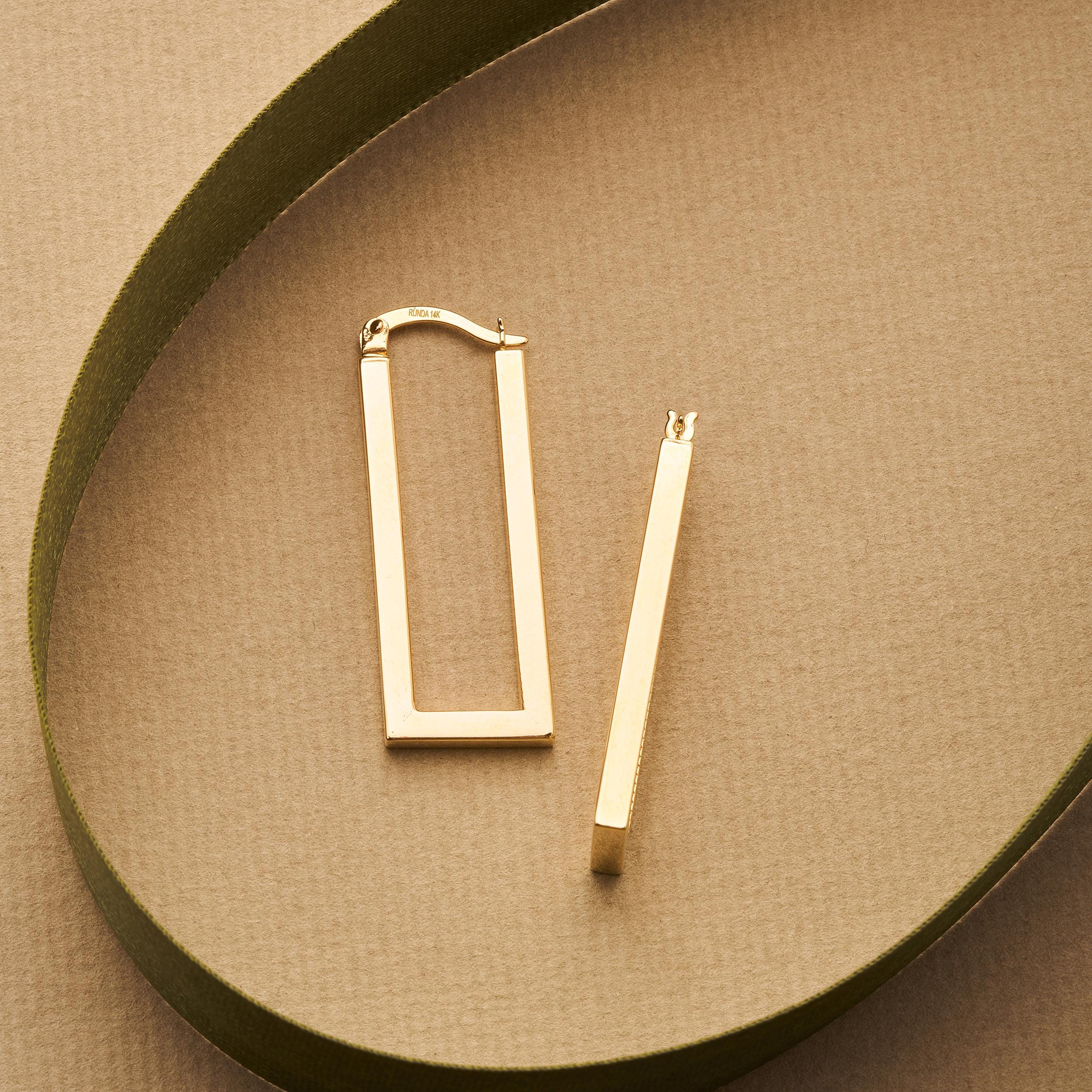 14K Solid Gold Chunky Rectangle Geometric Hoop Earrings