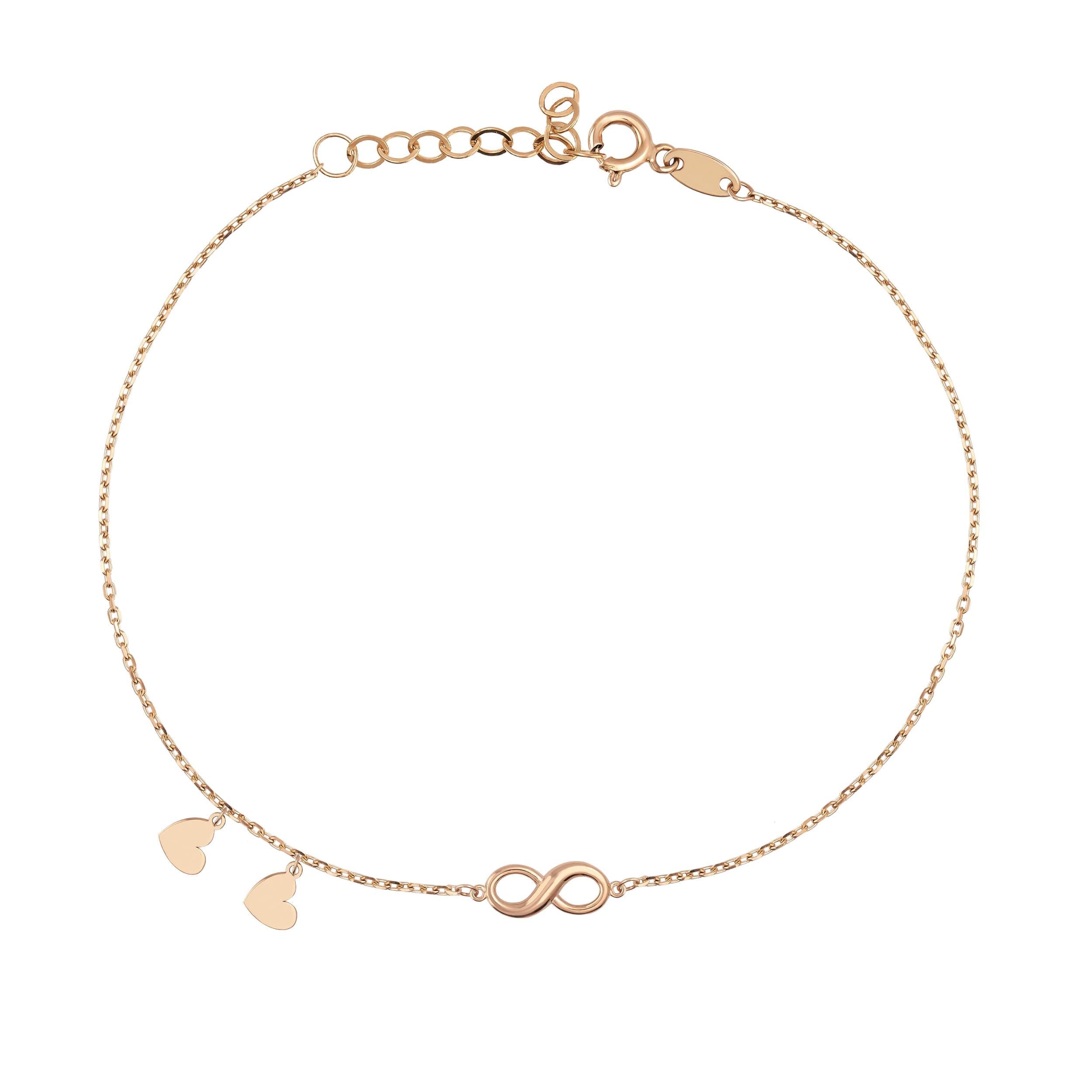 14K Solid Gold Minimal Tiny Heart and Infinity Bracelet