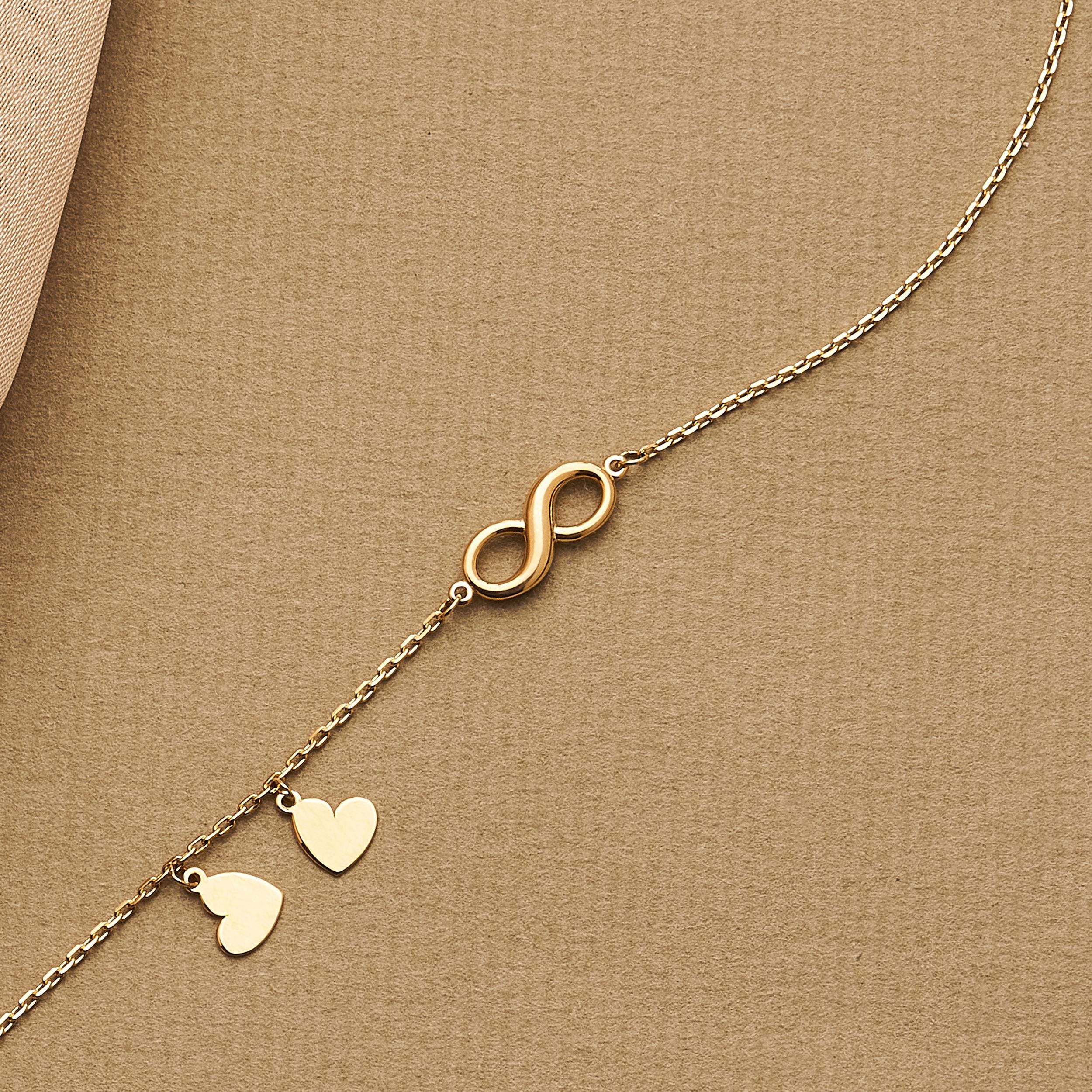 14K Solid Gold Minimal Tiny Heart and Infinity Bracelet