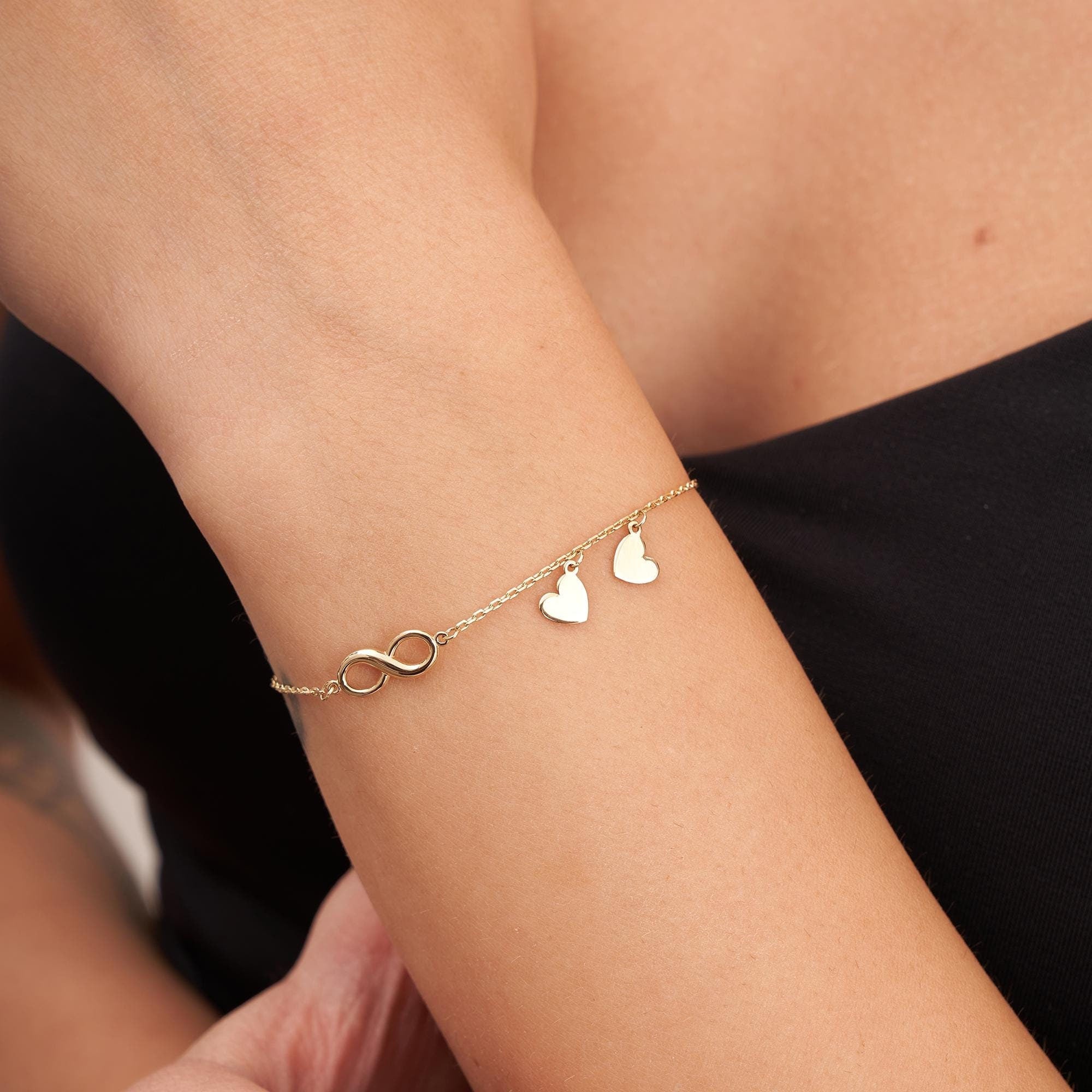 14K Solid Gold Minimal Tiny Heart and Infinity Bracelet