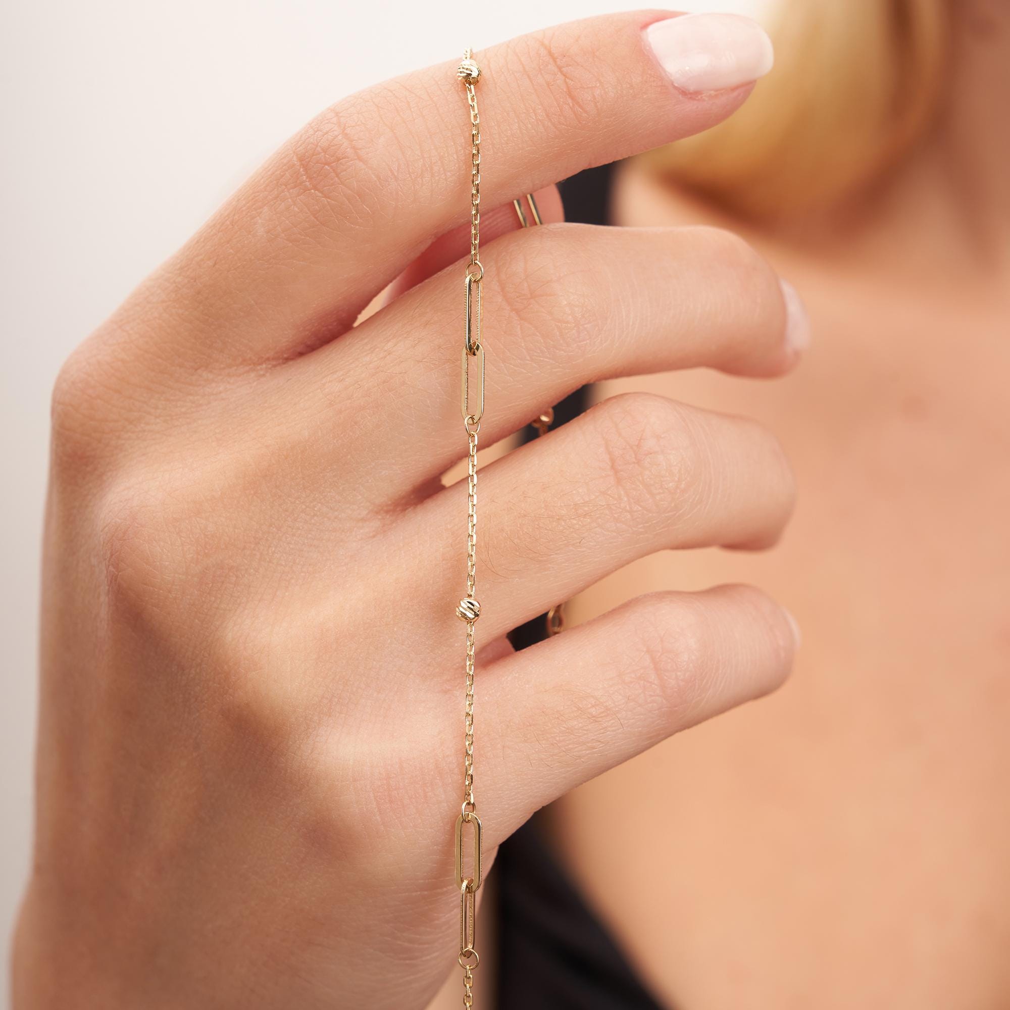 14K Solid Gold Dainty Station Bead and Paperclip Bracelet