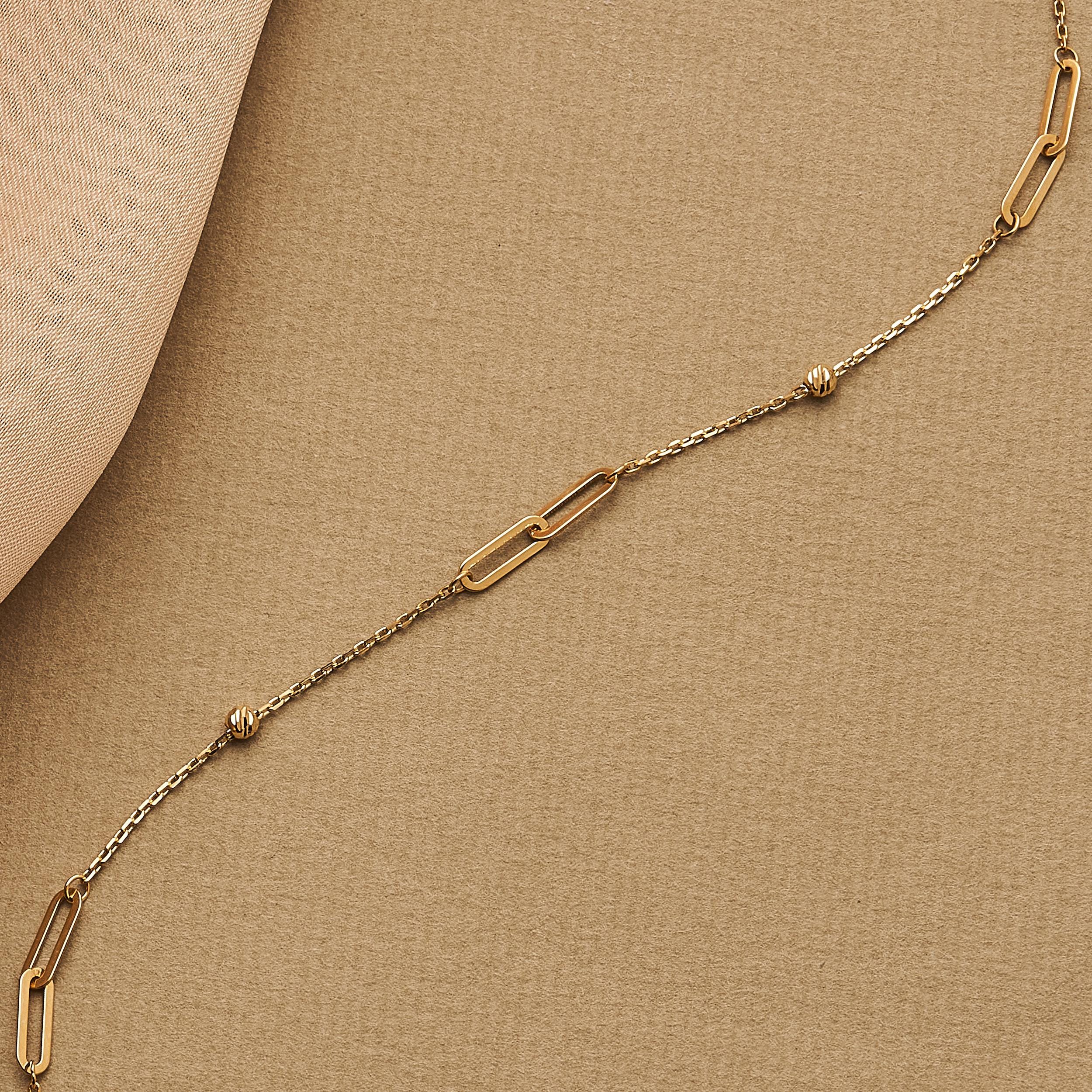 14K Solid Gold Dainty Station Bead and Paperclip Bracelet