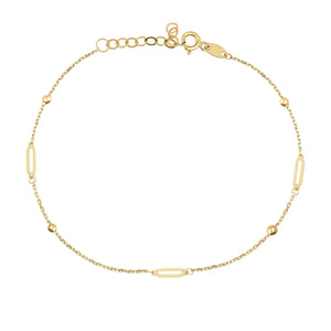 14K Solid Gold Dainty Station Bead Paperclip Bracelet