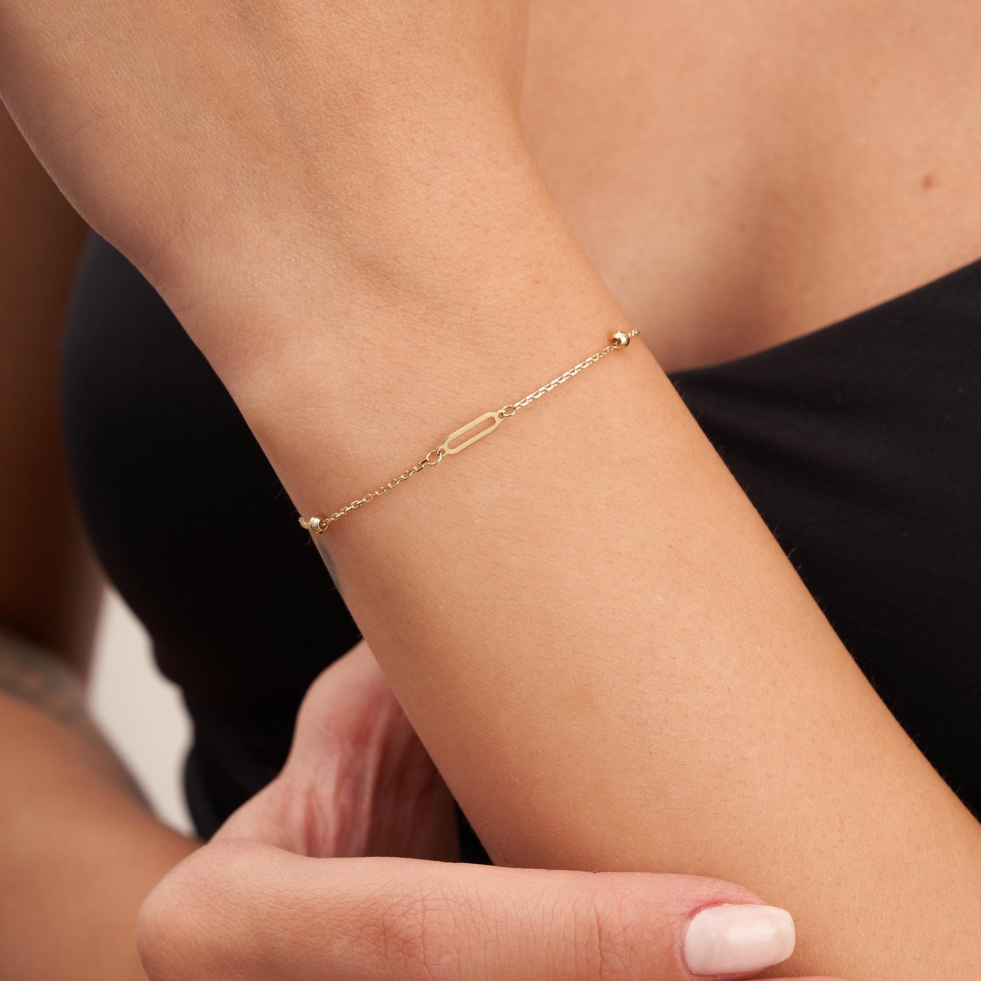 14K Solid Gold Dainty Station Bead Paperclip Bracelet