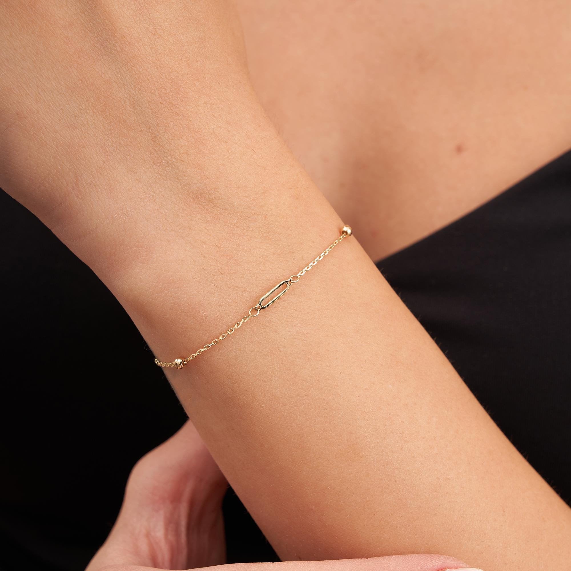 14K Solid Gold Dainty Station Bead Paperclip Bracelet